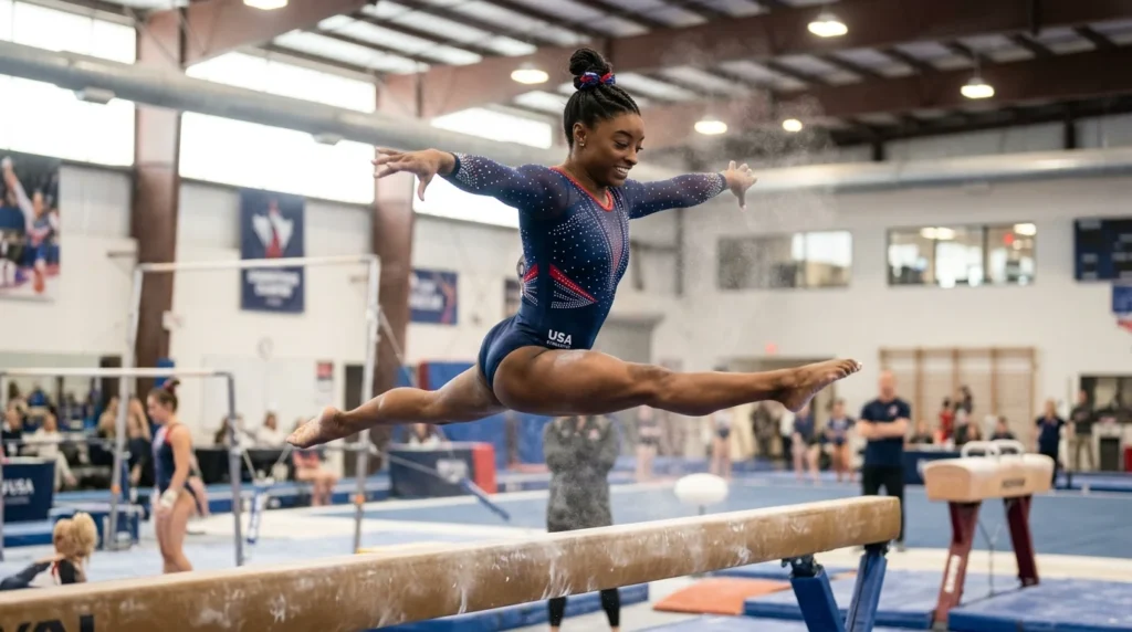 Simone Biles net worth gymnastics training balance beam