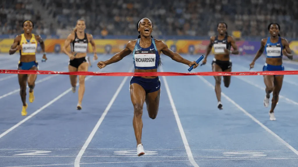 Sha'Carri Richardson competing in a 100-meter sprint during her early track career at LSU, representing her breakthrough as a young collegiate sprinter.