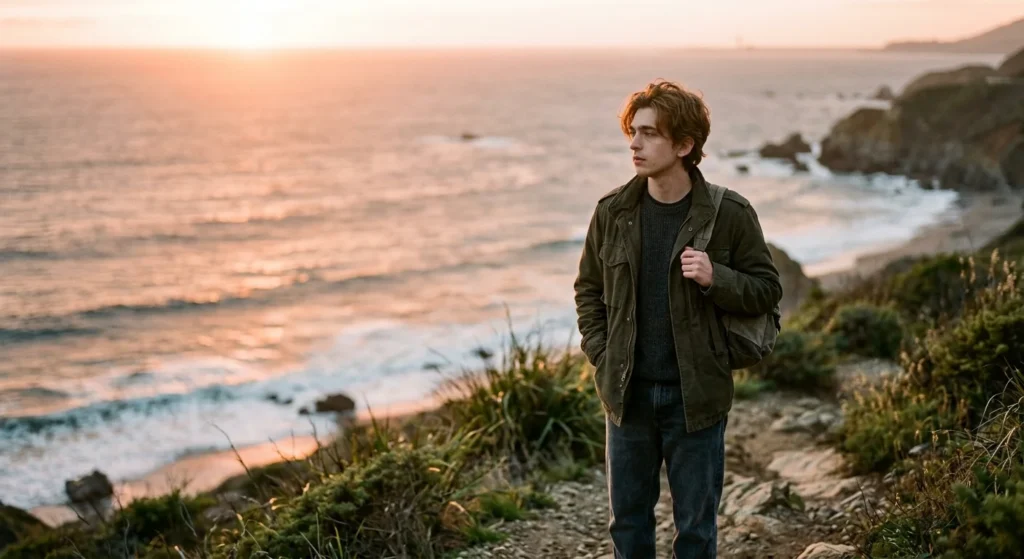 Austin Abrams outdoor portrait near the Florida coast
