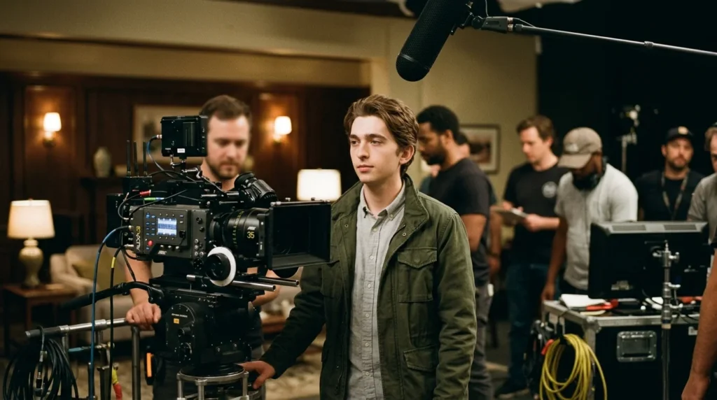 Austin Abrams on a television set during filming
