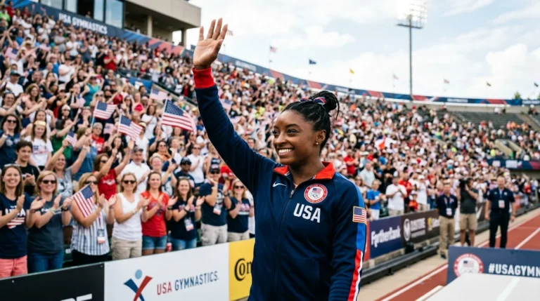 Simone Biles net worth 2026 gymnast smiling at event